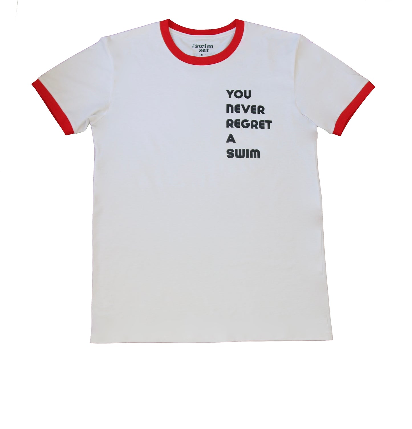 red ringer tshirt with you never regret a swim print
