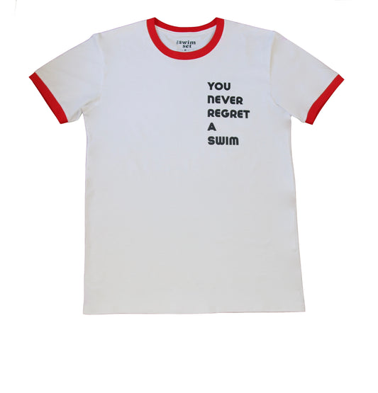 red ringer tshirt with you never regret a swim print 